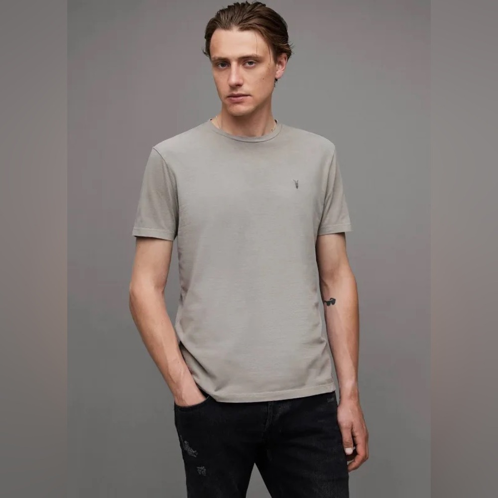 AllSaints Ossage Short Sleeve Crew Neck T Shirt Stone Grey Regular Fit Size S